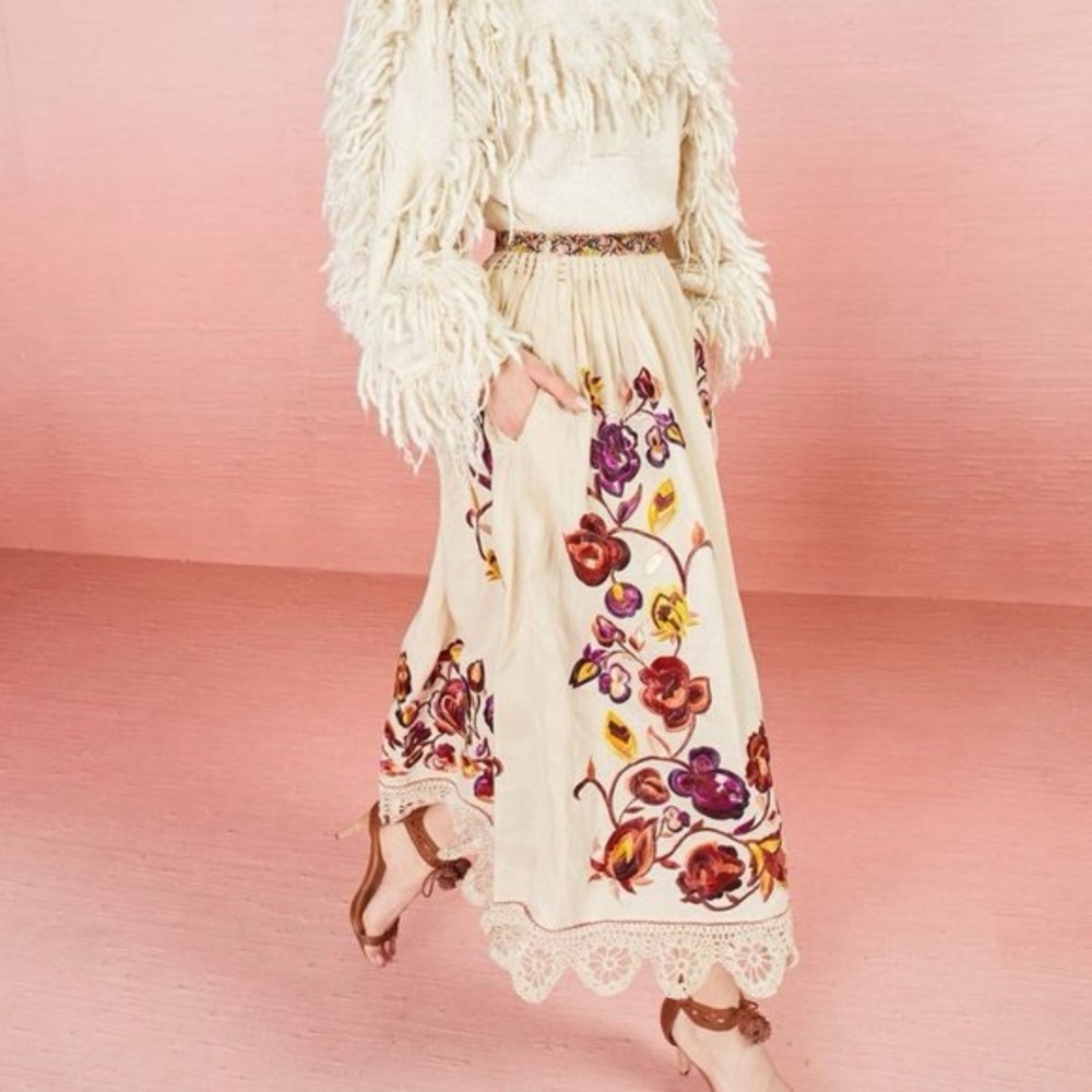 Ulla Johnson Cream Maxi Skirt with Floral Embroidery
